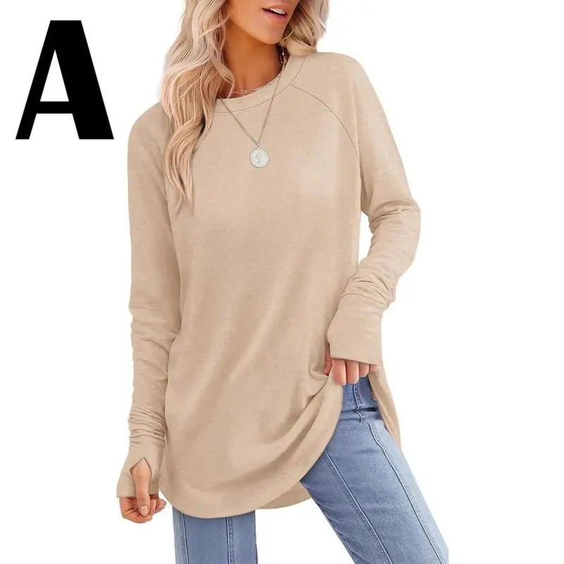 Womens Tunic Tops to Wear with Leggings Long Sleeve Thumb Hole Shirts Crew Neck Curved Hem