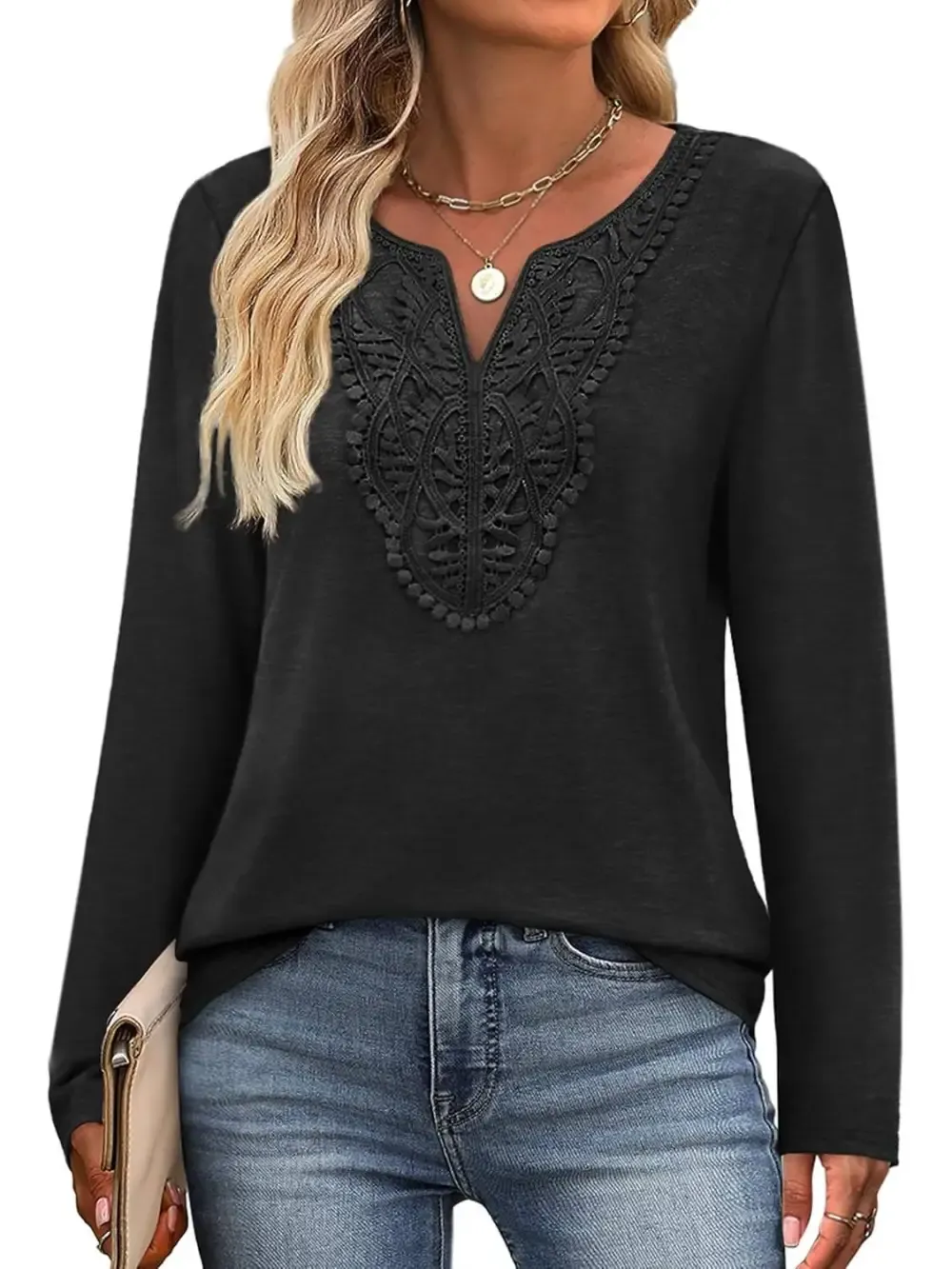 ✨Women Dressy Casual Lace V Neck Long Sleeve Shirts Blouses