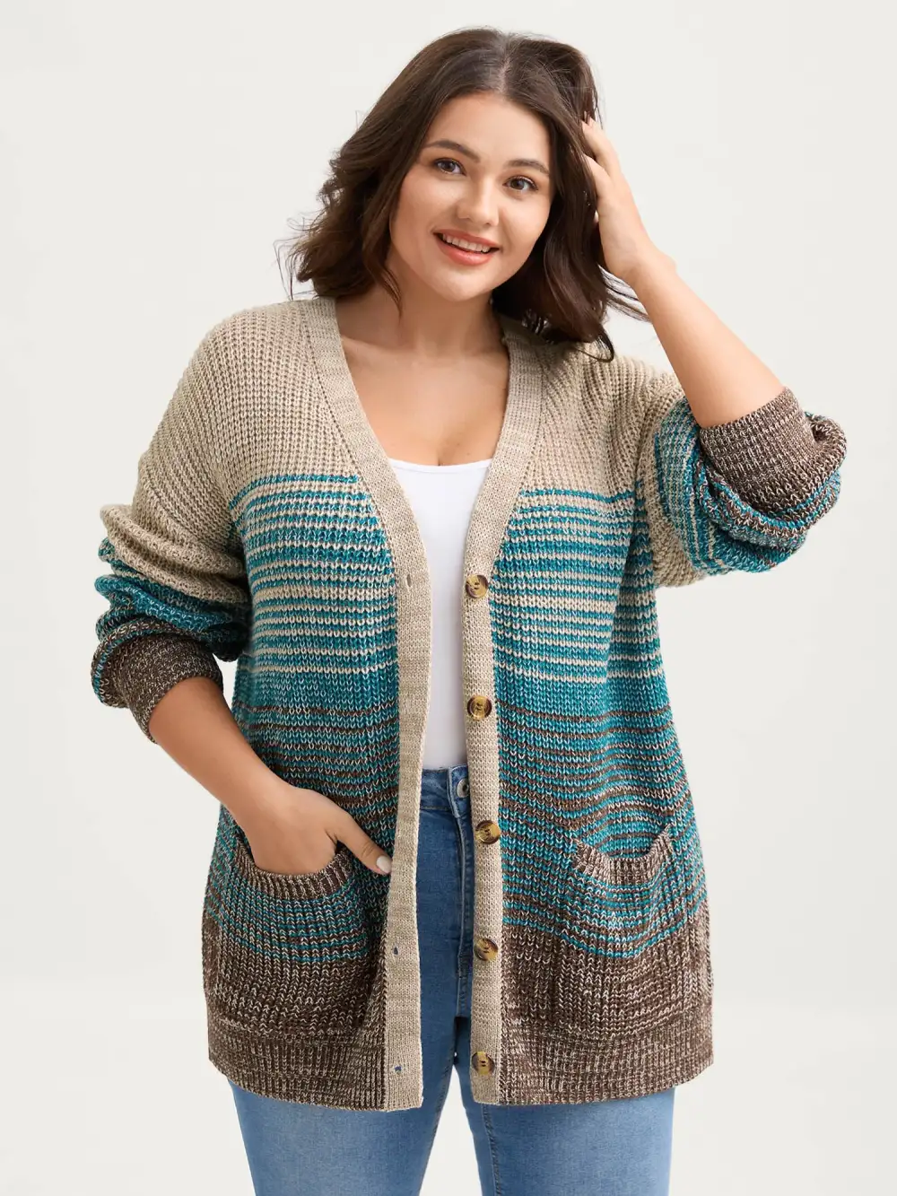 Colorful Stripes Button Pockets Knit Cardigan