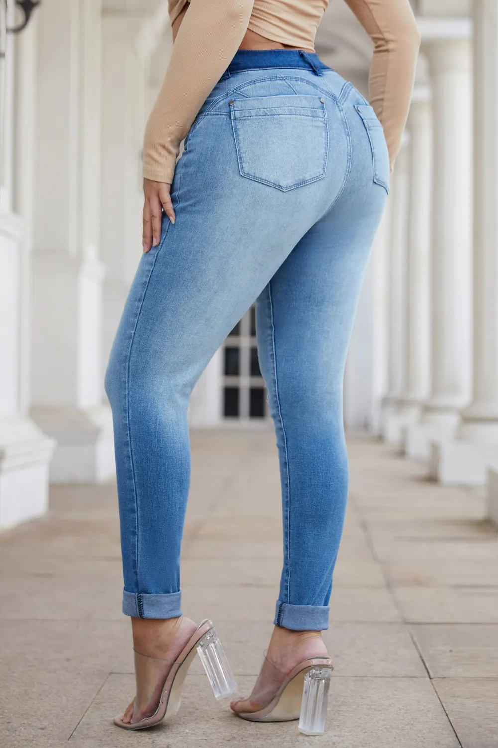 Ripped Button Front Roll Up Hem Jeans