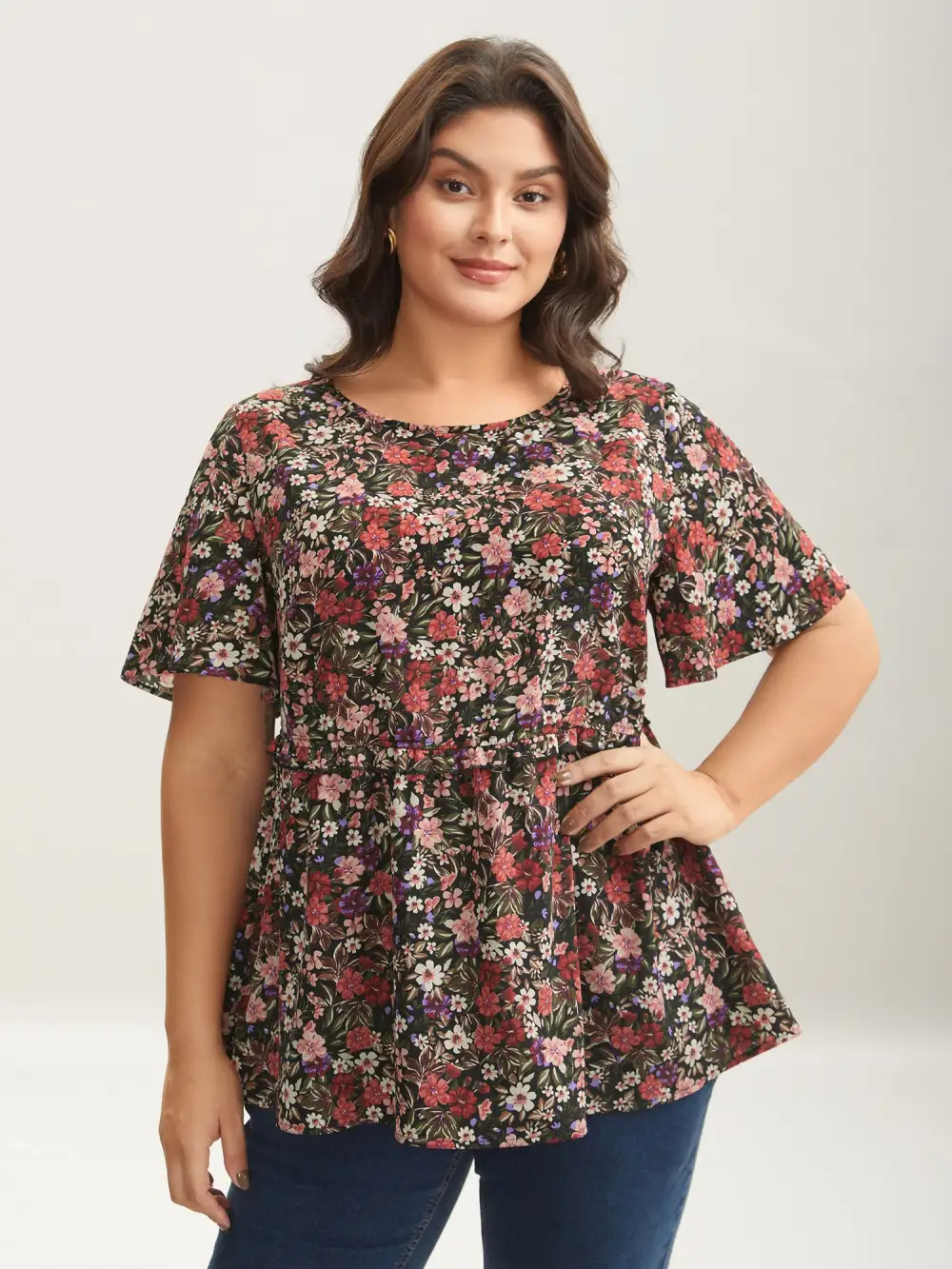Floral Ruffled Round Neck Shirt