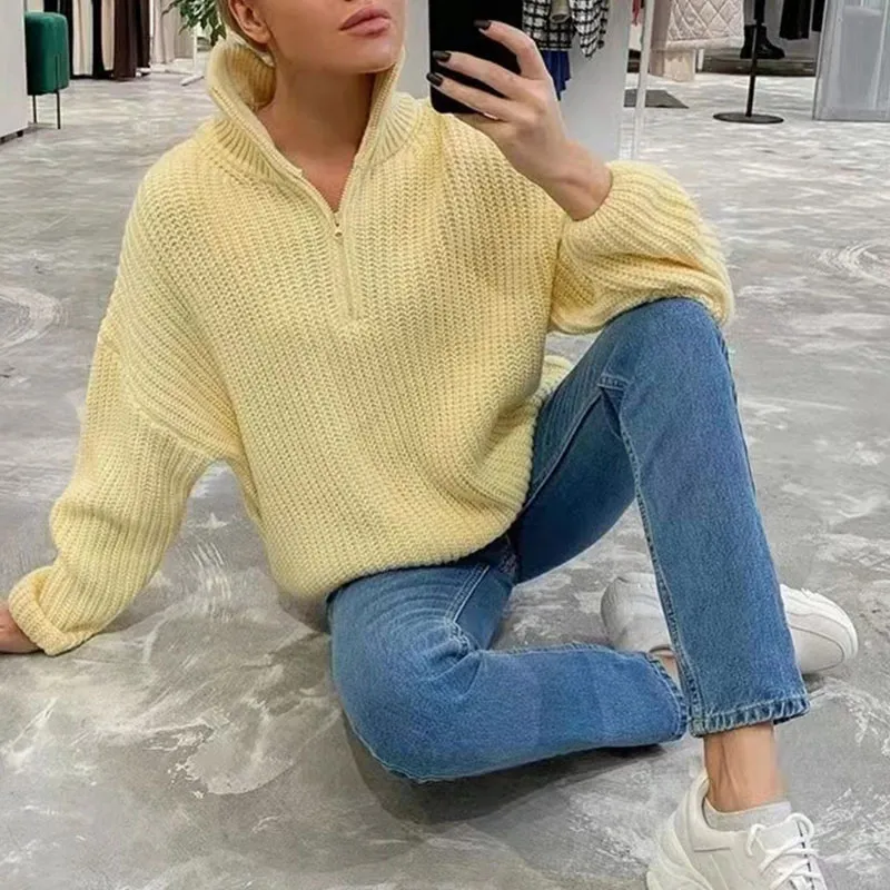 Zipper half turtleneck loose casual sweater