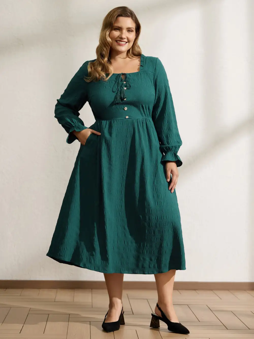 Textured Ruffled Neck Shirred Drawstring Midi Dress