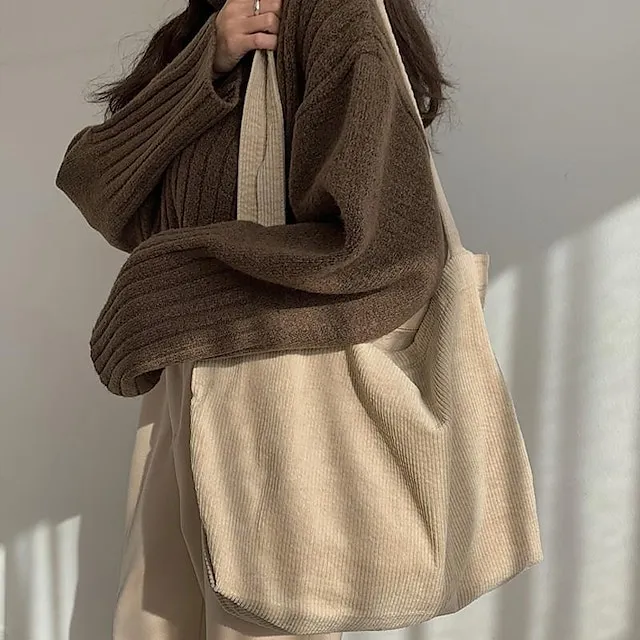 Tote Corduroy Daily Solid Color Black Pink Dark Green