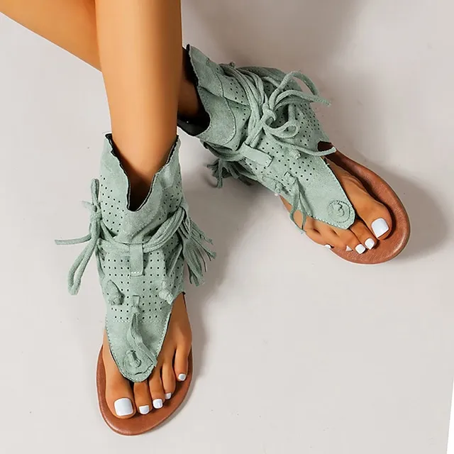 Women's Sandals Flat Sandals Gladiator Sandals Roman Sandals Outdoor Daily Beach Summer Lace-up Flat Heel Open Toe Vintage Casual Canvas Synthetics Loafer Solid Color Solid Colored Black Yellow Brown