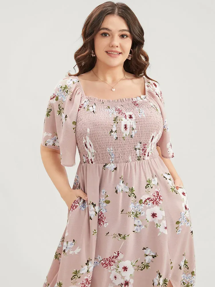 Floral Square Neck Ruffles Pocket Shirred Split Dress