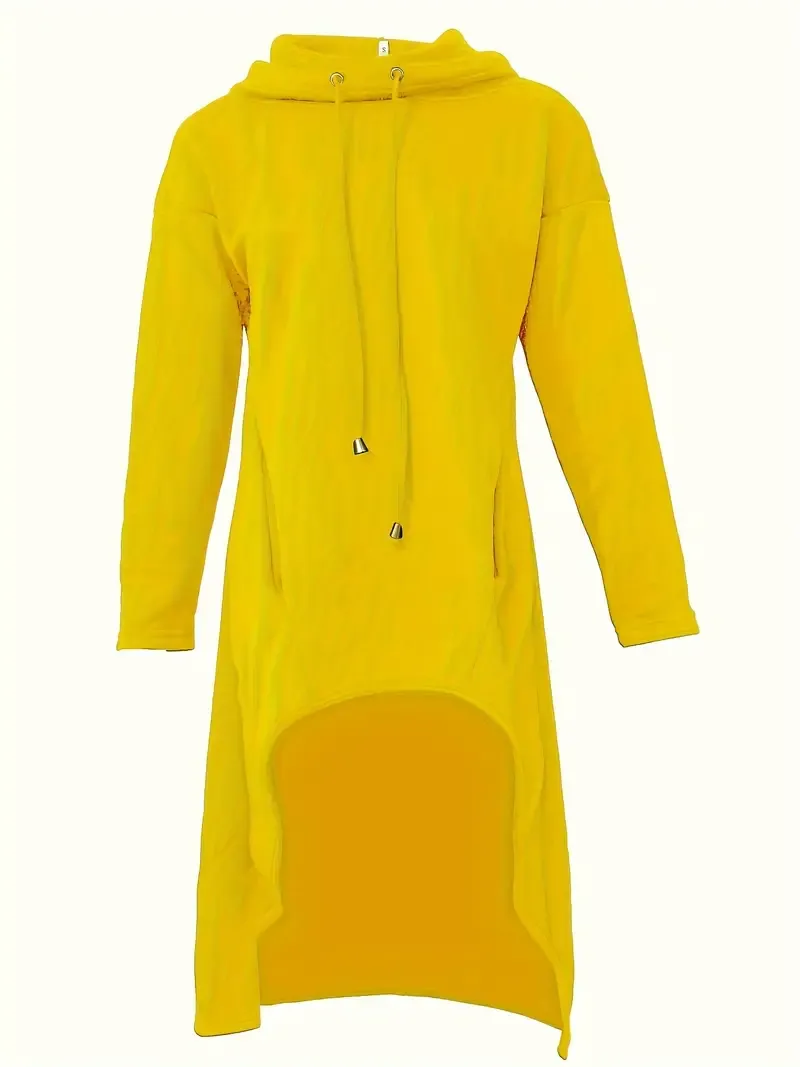 Solid Color Hig-low Hoodie, Casual Long Sleeve Drawstring Hoodie Sweatshirt,