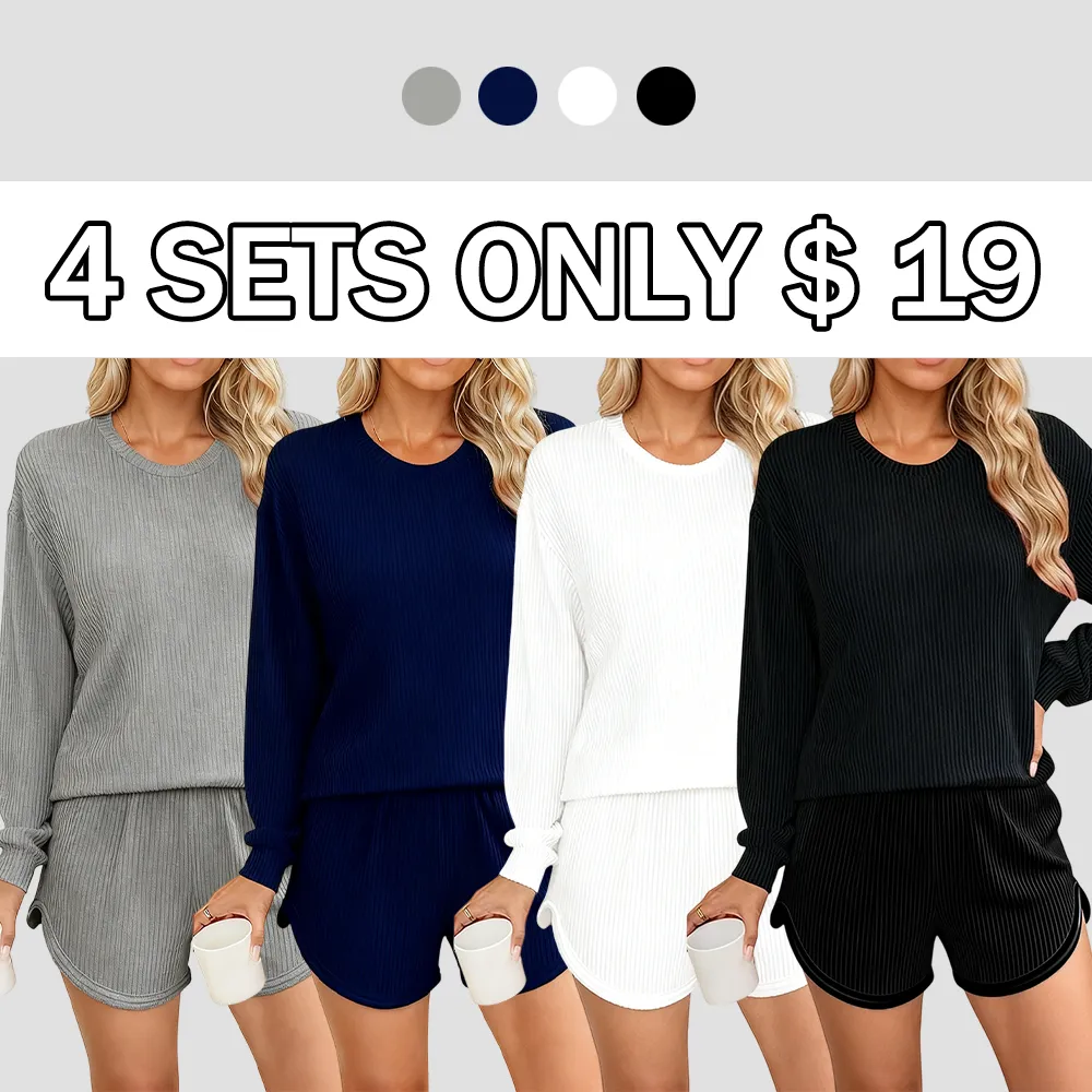 Women’s Ribbed Pajama Sets Long Sleeve Top and Shorts