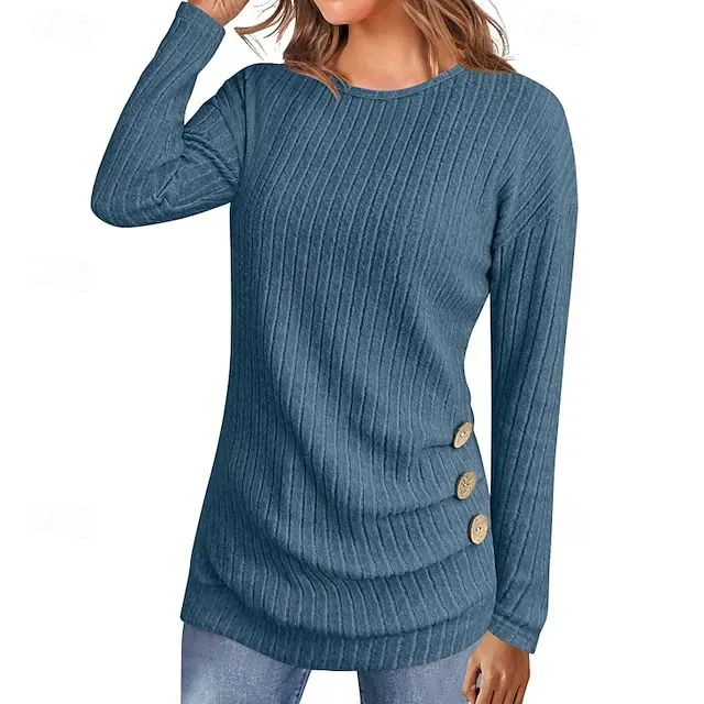 Women's Sweater Pullover Streetwear Casual Solid Color Ribbed Crew Neck Buttons Knitted Long Sleeve Regular Tops Knit Daily Holiday Weekend Black Army Green Fall Winter