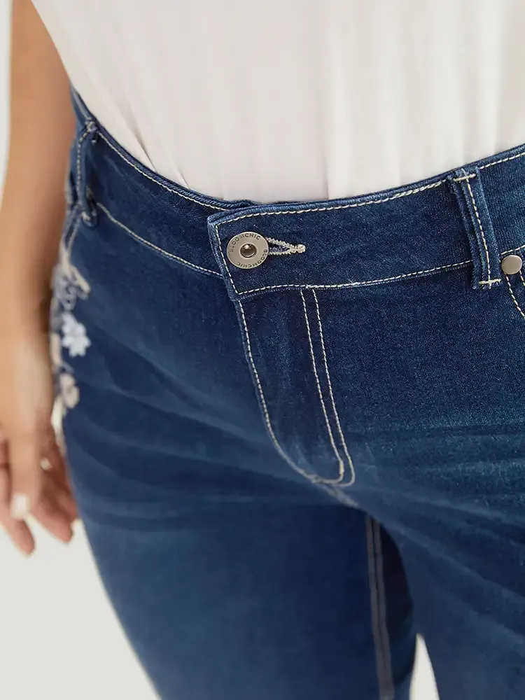 Very Stretchy High Rise Dark Wash Floral Embroidered Denim Shorts