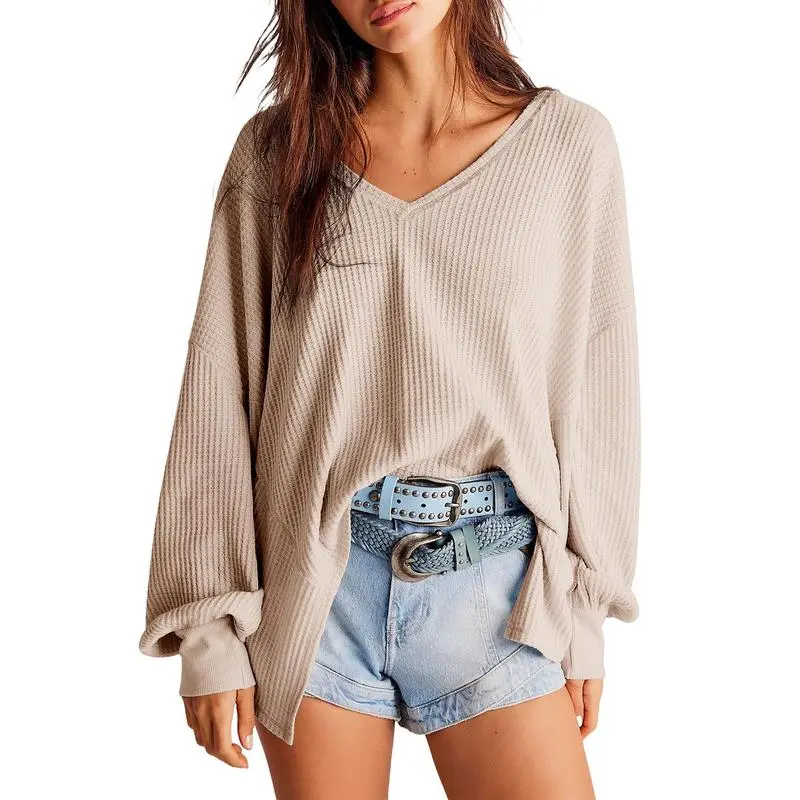 Women's Waffle Knit Top – V-Neck Oversized Lantern Sleeve Blouse