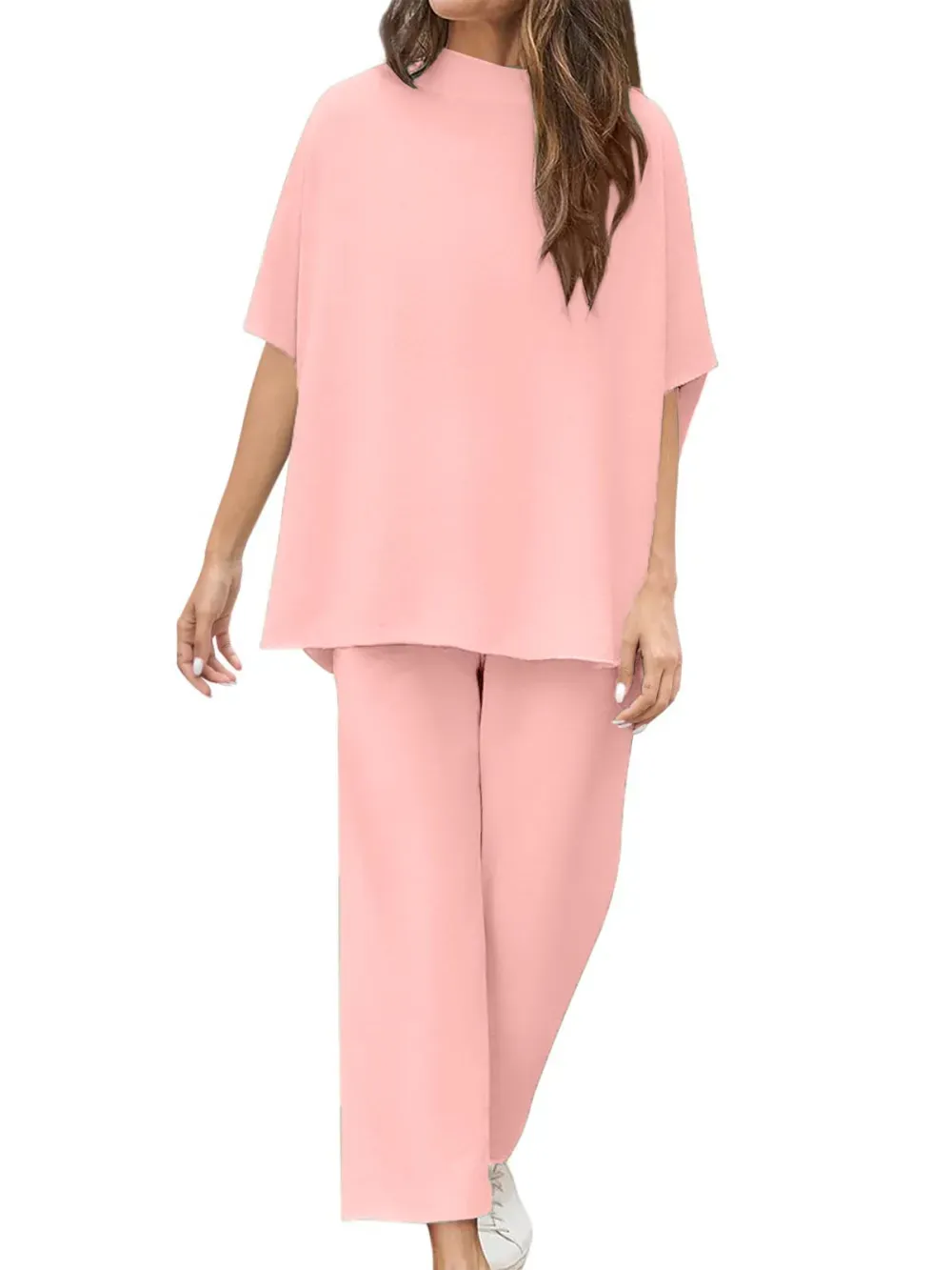 ✨Women's 2 Piece Outfits 3/4 Batwing Sleeve Pullover Top Wide Leg Pants Lounge Set