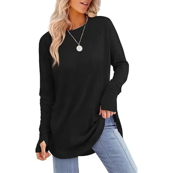 Womens Tunic Tops to Wear with Leggings Long Sleeve Thumb Hole Shirts Crew Neck Curved Hem