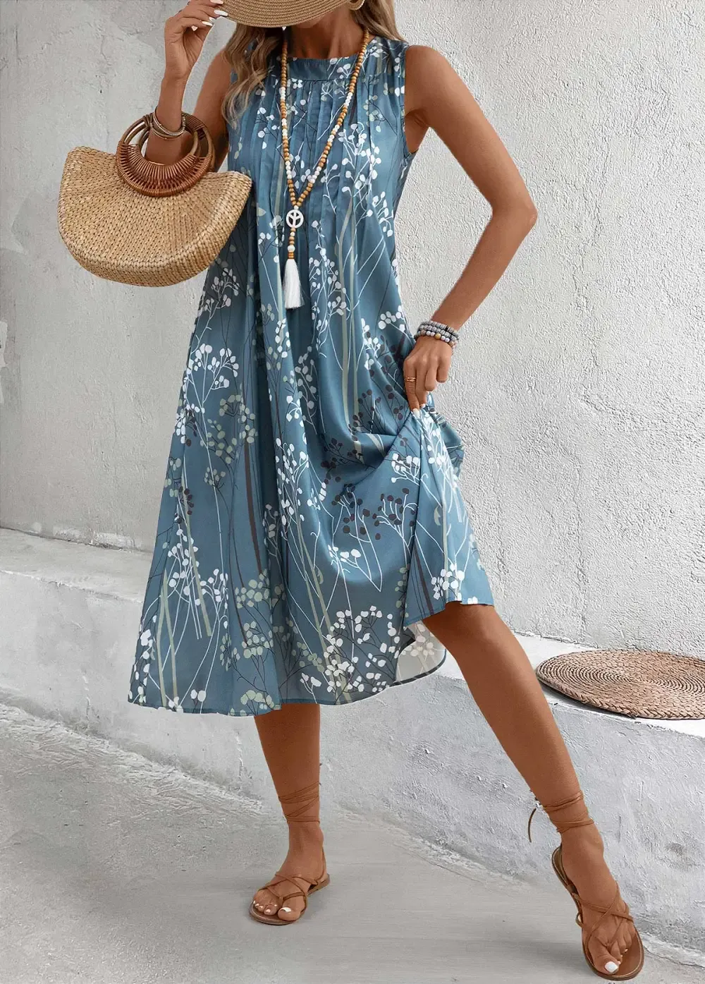 Dusty Blue Plants Print A Line Sleeveless Dress