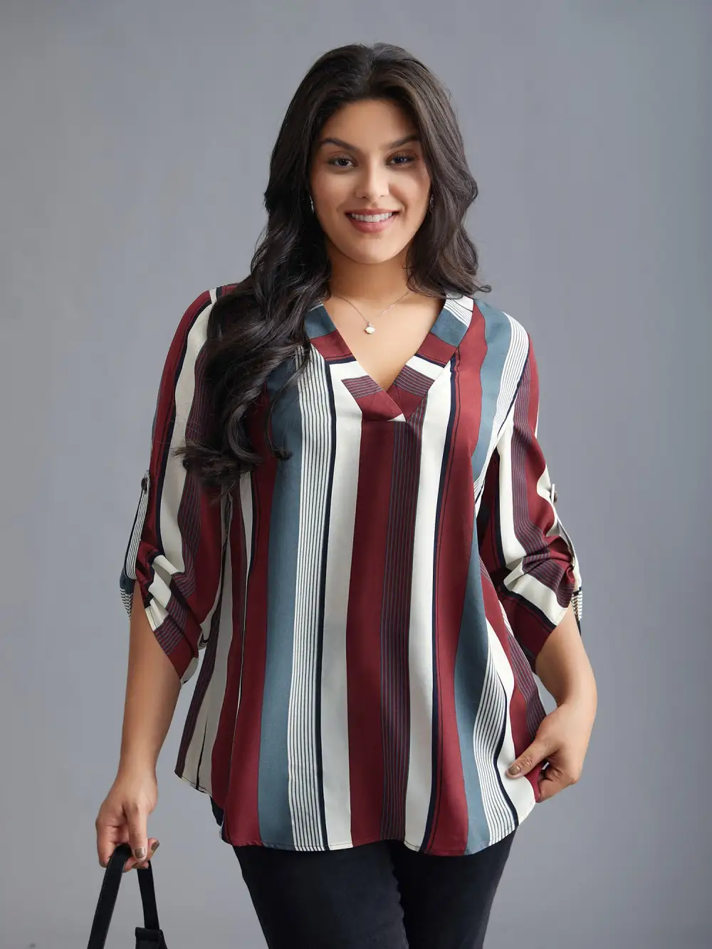 Vertical Striped V-Neck Tab Sleeve Blouse