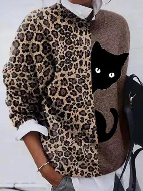 Women's Sweaters Leopard Cat Crew Neck Long Sleeve T-Shirt