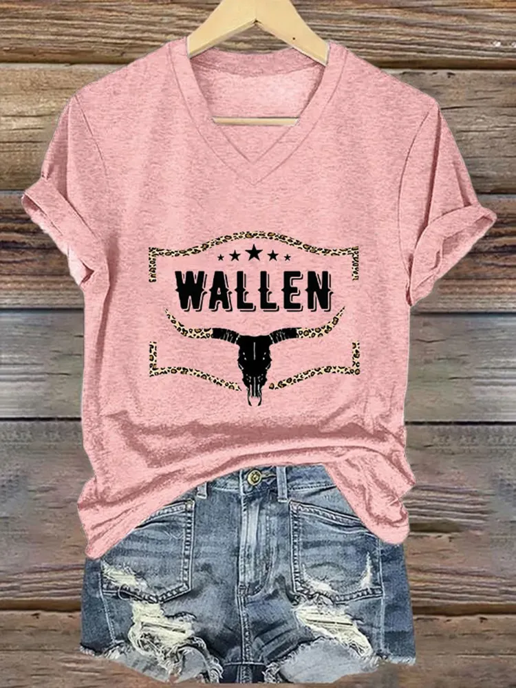 Wallwn Printed V-Neck Short-Sleeved T-Shirt