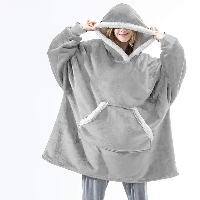 Women's Christmas Couple‘s Pajamas Nightgown Hoodie Blanket Wearable Blanket Grid / Plaid Pure Color Plush Simple Comfort Xmas Home Party Fleece Warm Gift Patchwork Pocket Fall Winter Black Gray