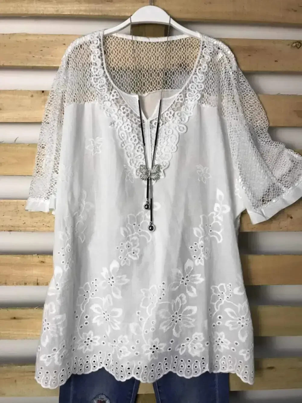Woman Fashion Openwork Lace Shirt Tops Blouse