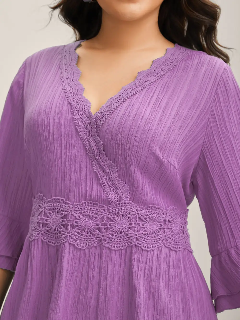 Scalloped Lace Surplice Ruffled Midi Dress