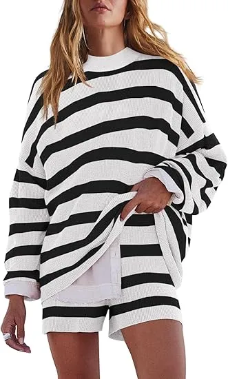 Womens Oversized Lounge Sets 2 Piece Outfits Striped Matching Pajama Set Long Sleeve Sweater Set