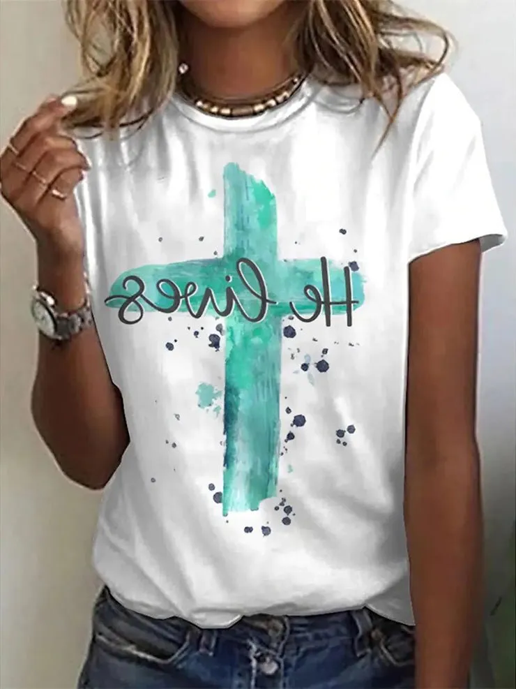 Women's T-Shirts Cross Print Crew Neck Short Sleeve T-Shirt（⚡Clearance Sale）