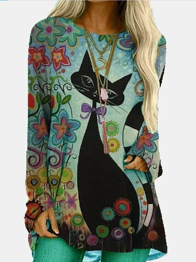 Women's T shirt Tee Burgundy Tee Tunic Shirts Marron Yellow Light Green Geometric Plaid Print Long Sleeve Casual Vintage Tunic Ethnic Round Neck Regular Fit Bohemian Theme Geometric Plus Size Fall