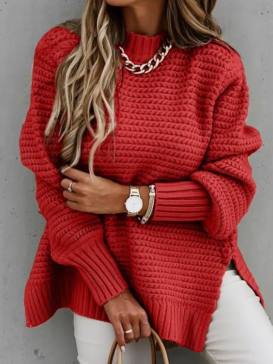 Women's Sweaters Half Turtleneck Solid Split Sweater