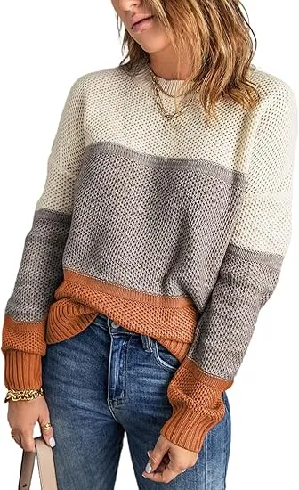 Womens Color Block Sweaters Long Sleeve Crewneck Pullover Knit Jumper Tops