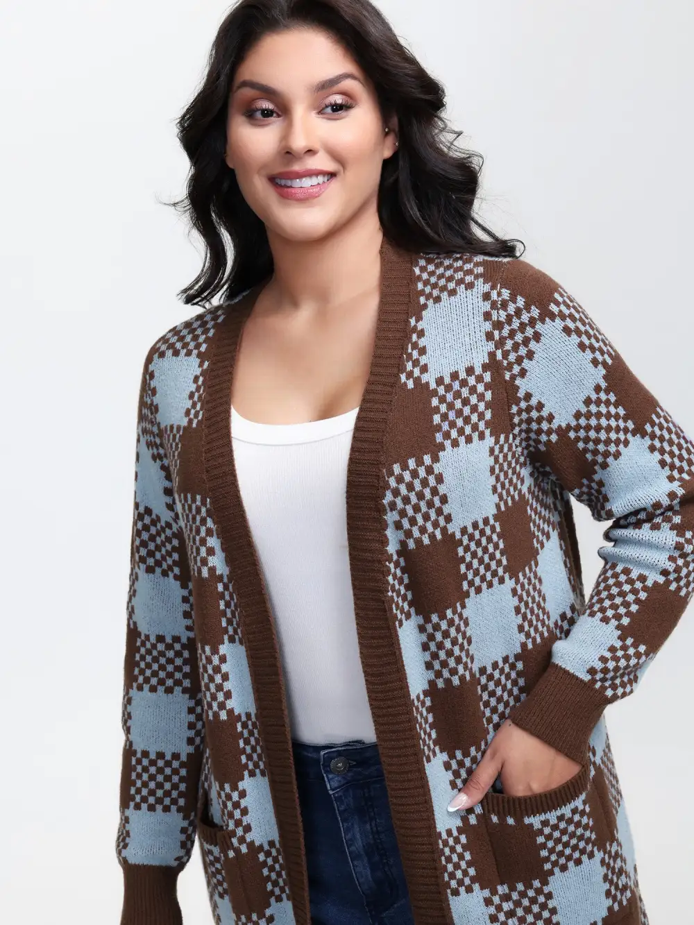 Checkered Pattern Pockets Knit Cardigan