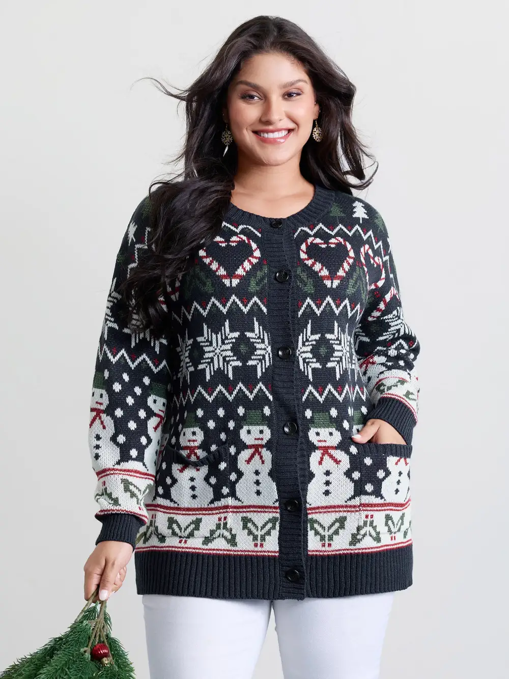Snowman Holiday Jacquard Pockets Knit Cardigan