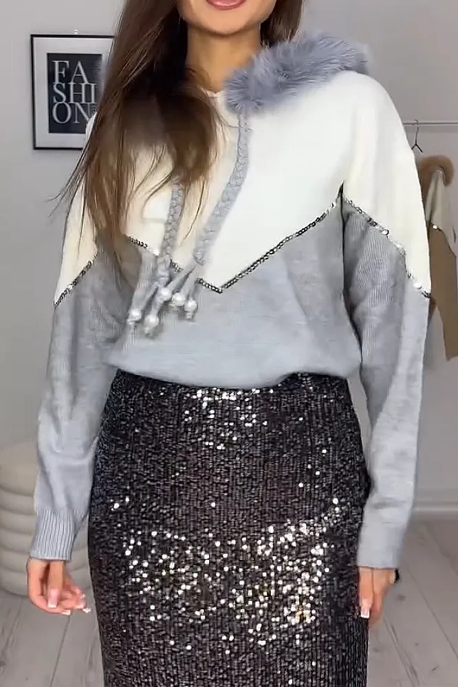 Women's sequined patchwork hoodie