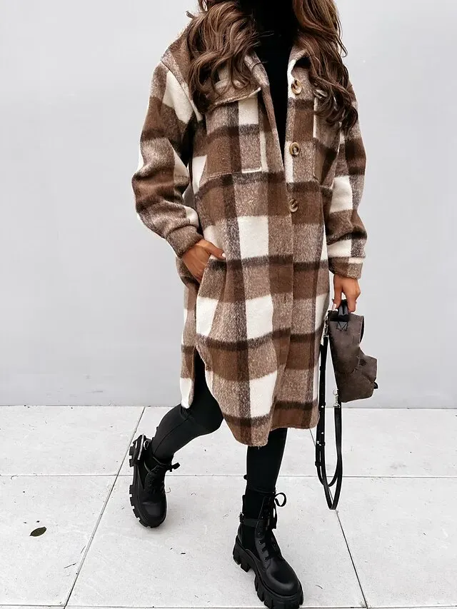 Women's Wool Blend Coat Winter Plaid Shacket Jacket Fall Long Pea Coat with Pockets Single Breasted Over Coat Trench Coat Gray Khaki Brown Modern Street S M L XL XXL / Winter