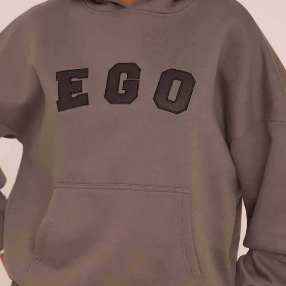 Oversized Ego Graphic Slogan Print Hoodie In Charcoal Grey