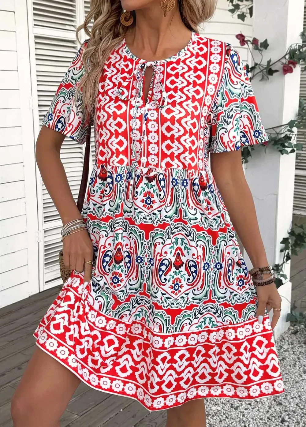 Multi Color Tribal Print A Line Short Sleeve Dress
