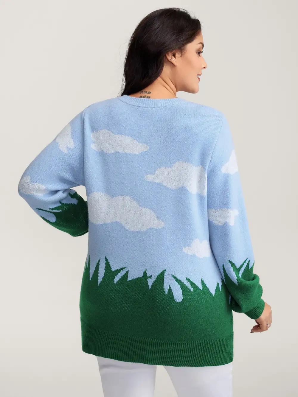 Cloudy Grass Print Jacquard Balloon Sleeve Pullover