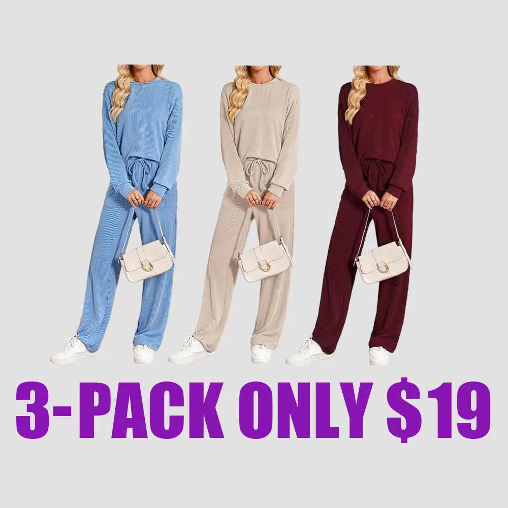 Women's 2-Piece Ribbed Knit Lounge Set – Long Sleeve Top & Pants, Summer Casual Matching Outfit