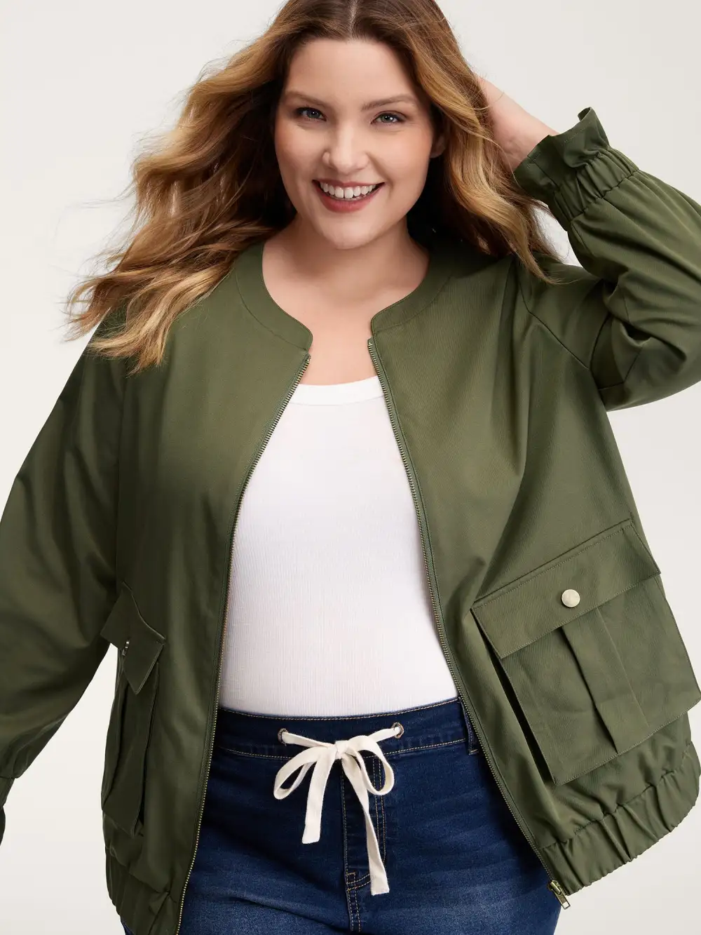 Lined Pockets Shirred Cuffs Zipper Jacket