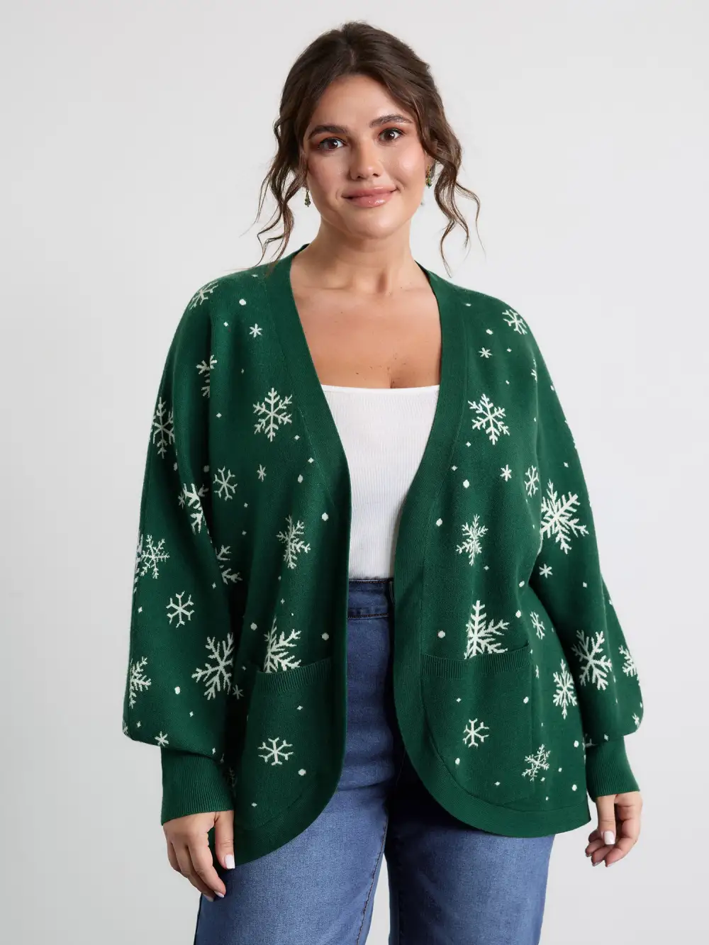 Snowflake Pattern Pockets Curvy Hem Knit Cardigan