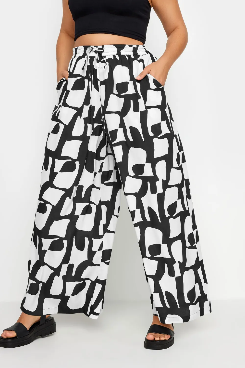YOURS Curve Blue Abstract Print Drawstring Wide Leg Trousers