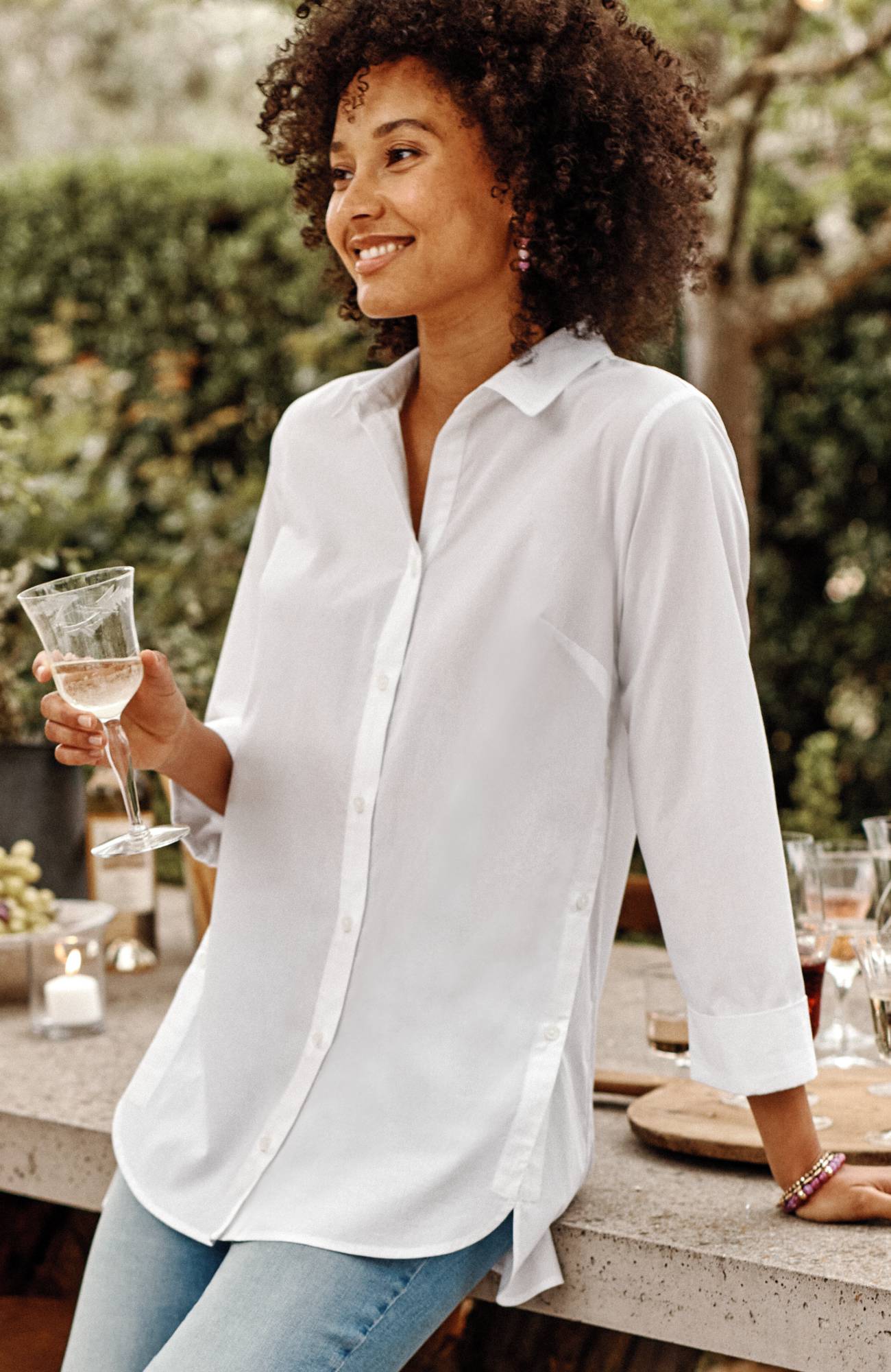 side-button stepped-hem tunic
