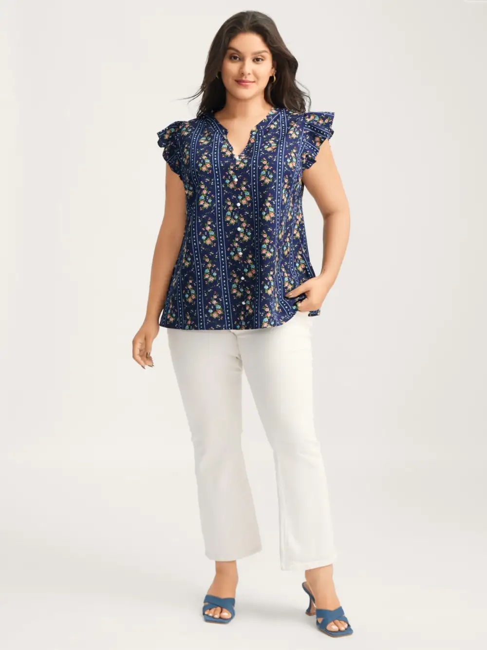 Floral Stripes Flutter Sleeve Blouse