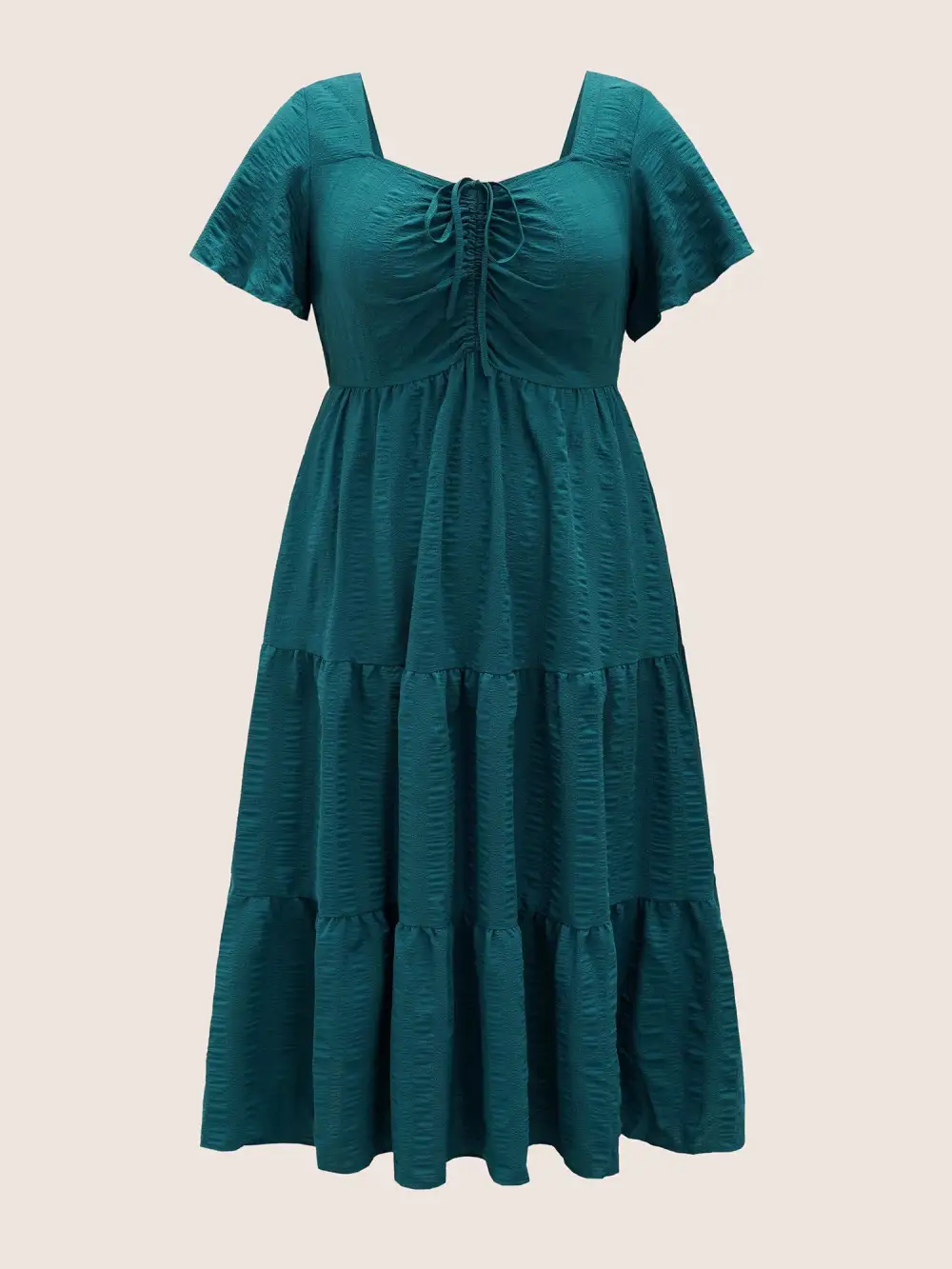 Plain Ruched Drawstring Pocket Ruffle Tiered Dress