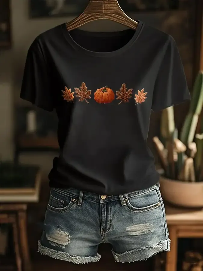 Women's Casual Retro Autumn Pumpkin Maple Leaf T-shirt