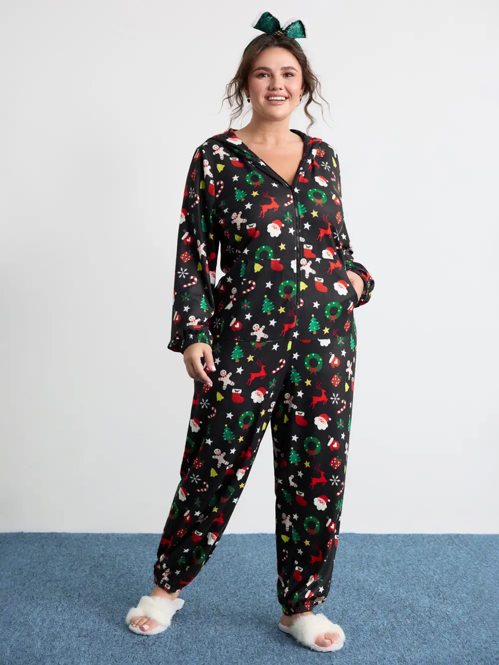 Holiday Spirit Pockets Hooded Sleep Jumpsuit