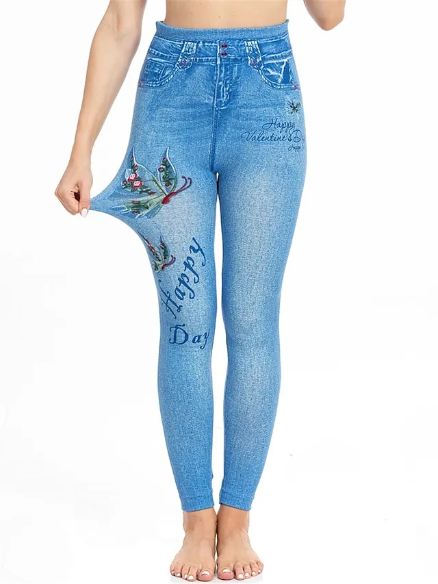 Women's Slim Pants Trousers Leggings Faux Denim Butterfly Pocket Print Full Length High Elasticity High Waist Fashion Streetwear Street Causal Lake Blue Royal Blue S M Summer Fall