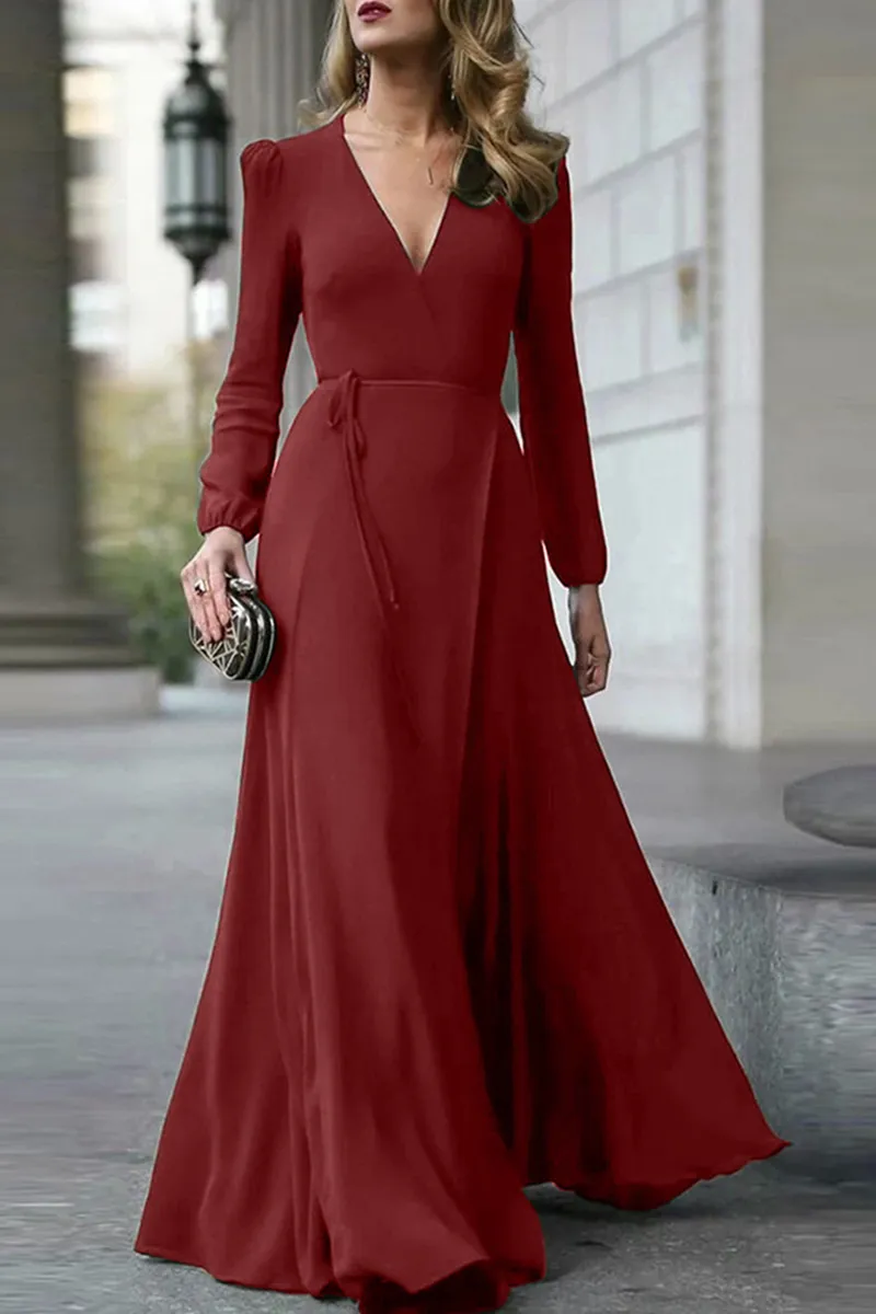 Casual Solid Patchwork V Neck Cake Skirt Dresses(3 colors)