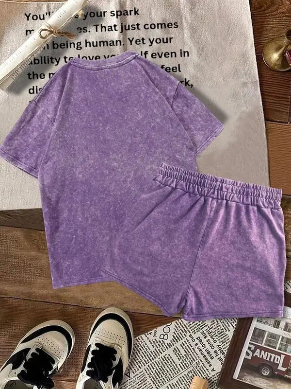 Women's Solid Tee & Denim-Print Shorts – Casual Summer Outfit for Daily Wear