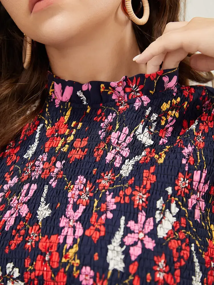 Floral Shirred Mock Neck Cut Out Pocket Ruffle Hem Dress