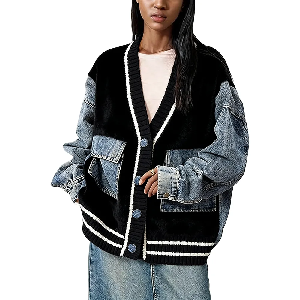 Unique Denim Patchwork Cable Knitted Coat